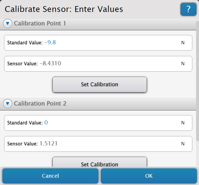 Calibrate Force Sensor: Enter Values